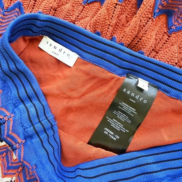 Sandro Paris Pointelle Chevron Zig Zag Knit Midi Skirt in Blue & Rust 2 US 6 - Picture 8 of 14